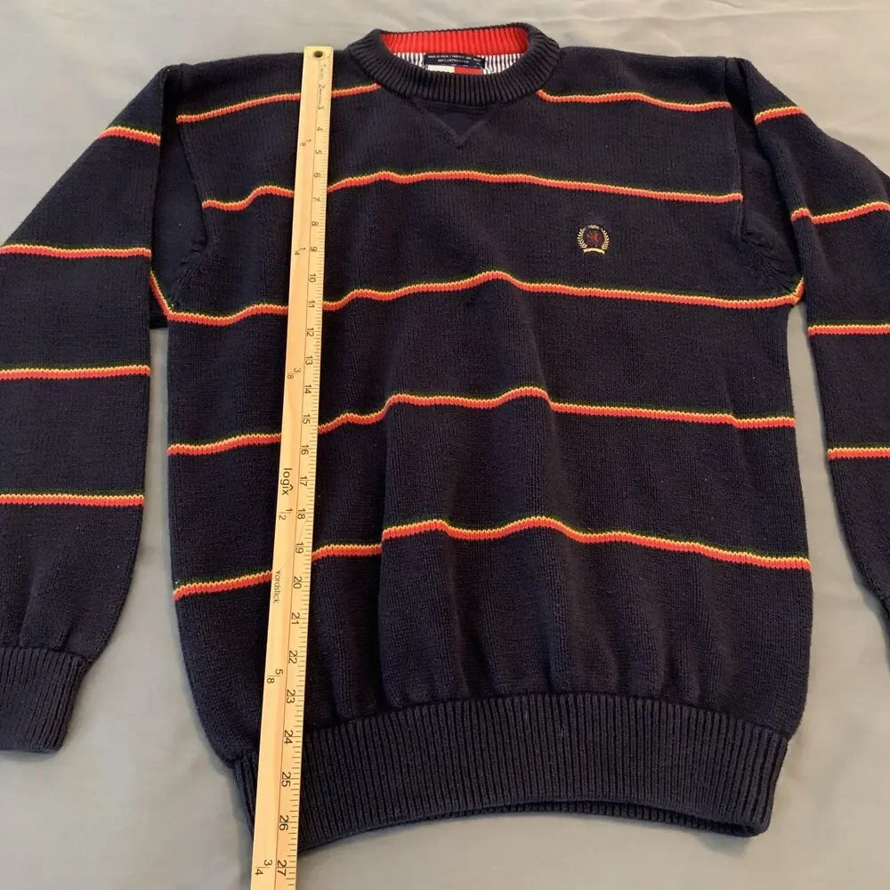 Tommy Hilfiger Sweater Mens Medium Navy Striped V Neck‎ Cotton Pullover Crest